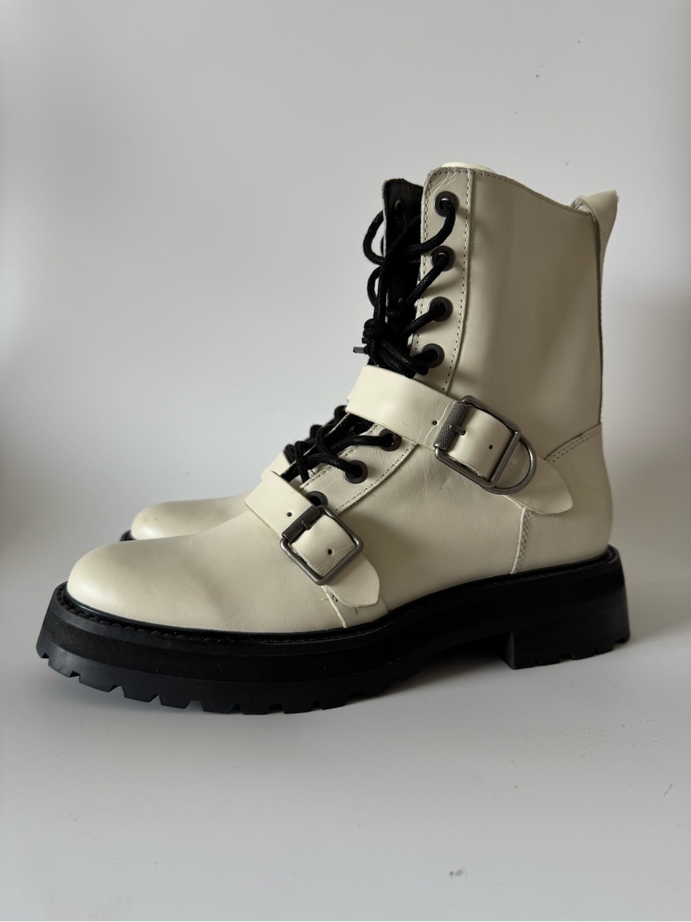 Dolce Vita Cream Combat Boots with Black Laces and Buckle Straps